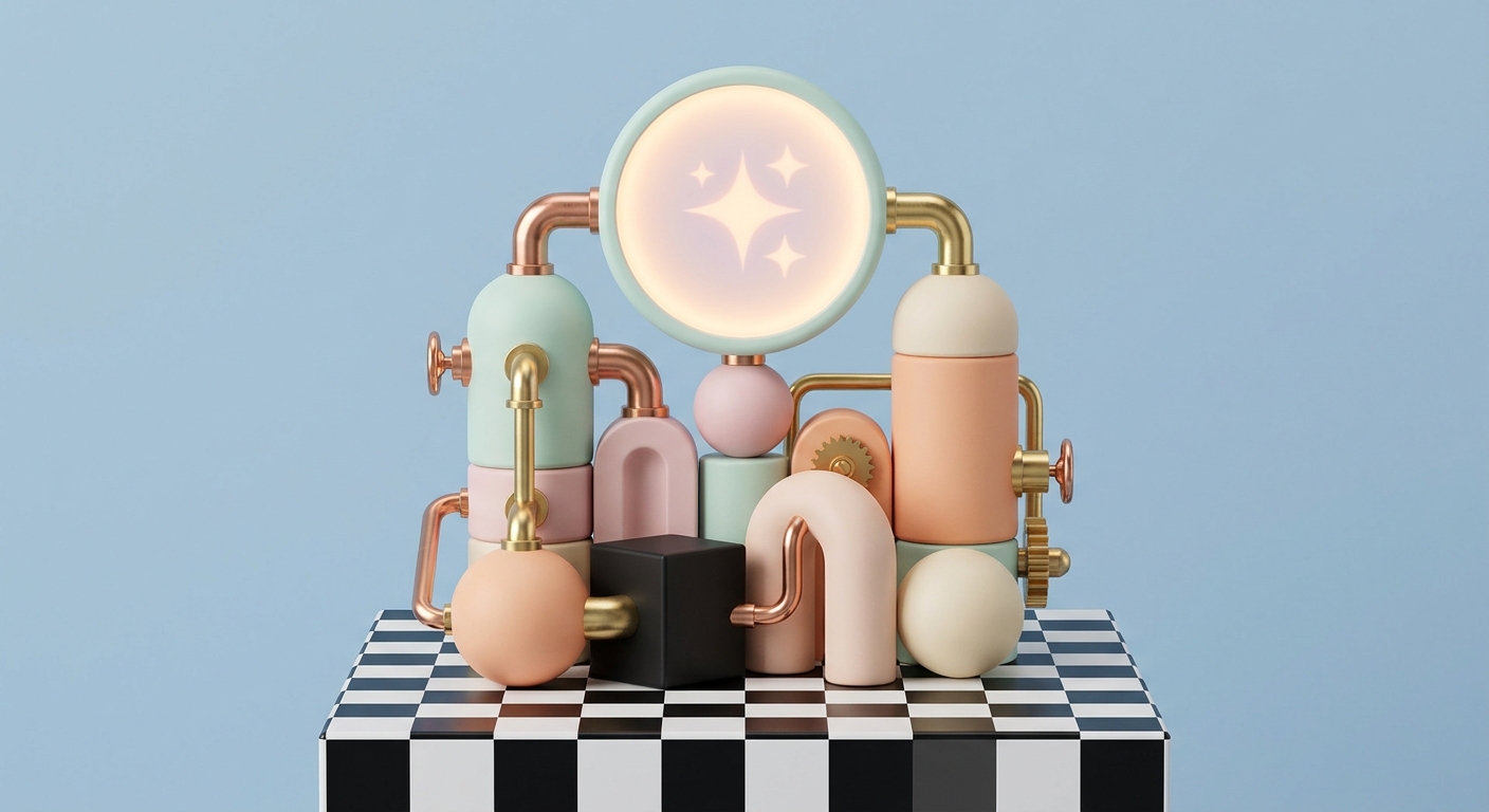 A pastel machine of pipes and tanks producing a glowing sparkle