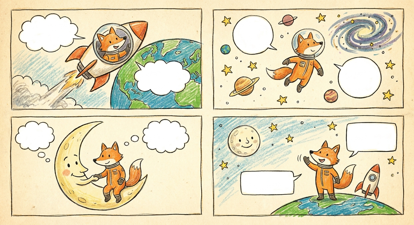 A crayon-drawn comic page about a fox astronaut