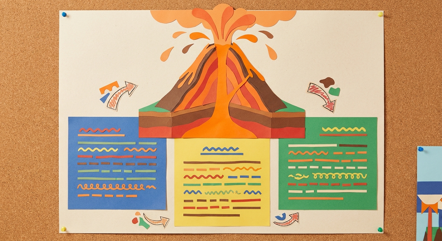 A school poster about volcanoes with a big cross-section illustration