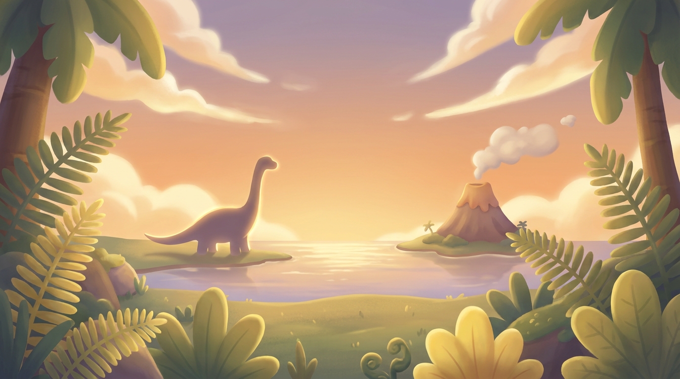 Tada OS desktop wallpaper: a friendly dinosaur island at golden hour