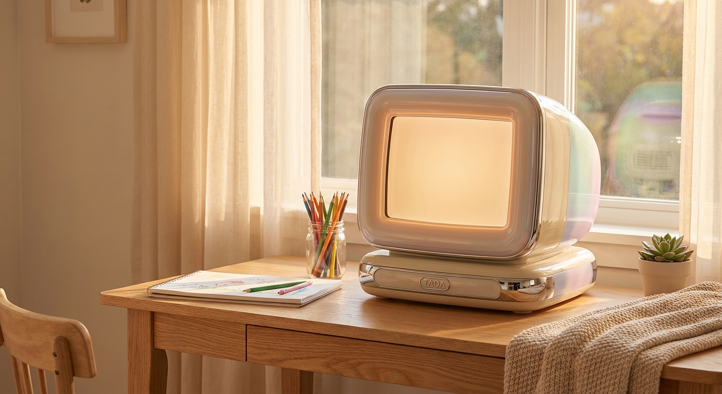 A warm sunlit desk with the Tada computer, a sketchbook and colored pencils